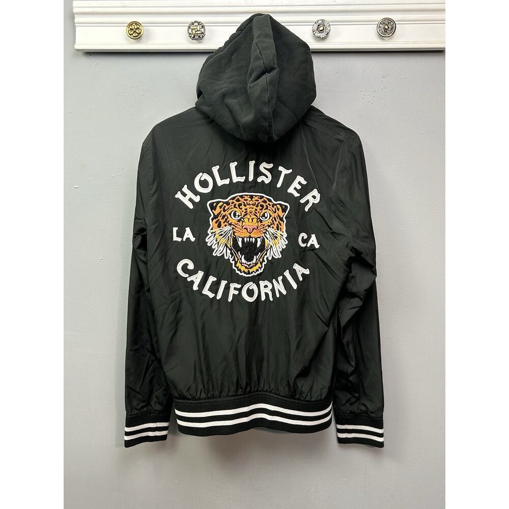 Hollister full zip jacket Mens Small Hooded embroidered Jaguar Y2K Retro Black